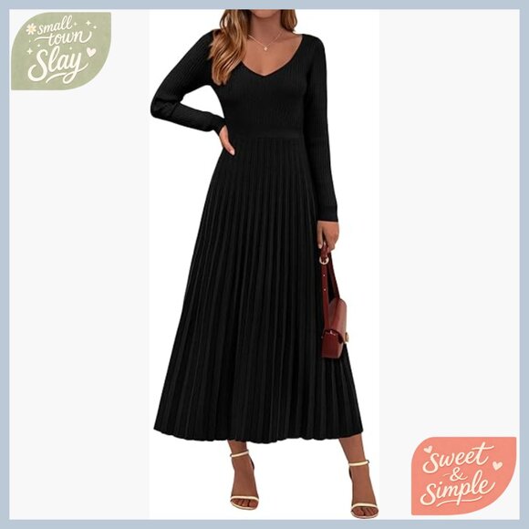 Long Sleeve V-Neck Ribbed Knit Pleated Maxi Sweater Dress Regular Fit